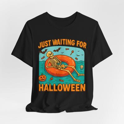 Just Waiting for Halloween Skeleton Shirt Funny Spooky Pumpkin Bat Graphic Tee