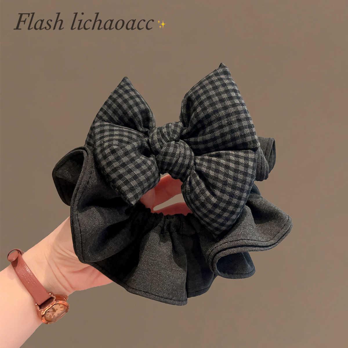 Black & Grey Plaid Bow Hair Tie, Korean Style, High-End Fabric, 2025 New Women s Accessory