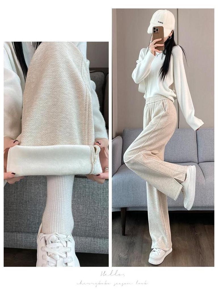 2026 Autumn/Winter Women's High-Waisted Herringbone Wide-Leg Pants with Plus Velvet and Slit, Slim Straight-Leg Design