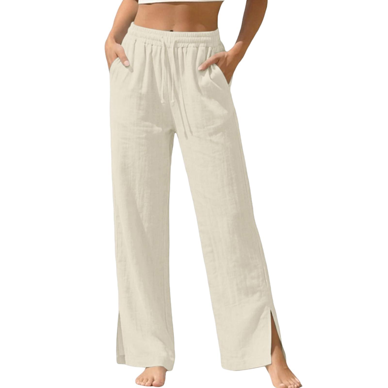 Women s Casual, Loose-Fit, High-Waisted Cotton-Linen Trousers With Side Pockets L