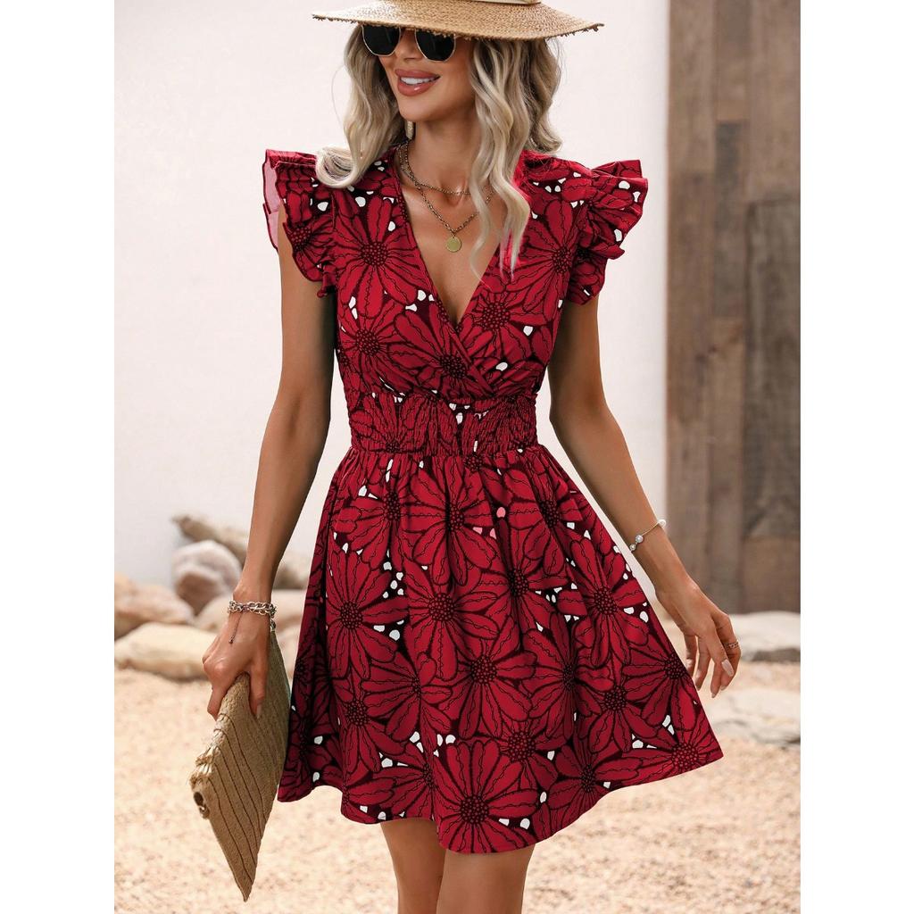 Sommer Damen Sexy V-Ausschnitt Taillenbetont Ärmellos Großes Florales Rüschensaum Kleid, Europäischer Amerikanischer Stil Lässiges Urlaubs Kleid für Damen