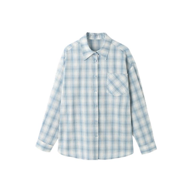 Women's Blue & White Plaid Cotton-Linen Shirt Jacket – Spring/Summer 2025, Sun Protection, Casual Style.