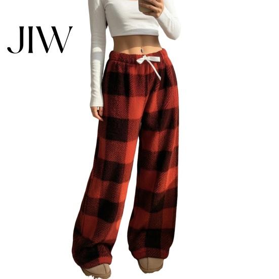 Soft Fluffy Home Pants Women Plaid Wide Leg Pants, Drawstring High Waist Thick Coral Fleece Retro Warm Loungewear, Anti-Pilling Casual Pajama Bottoms
