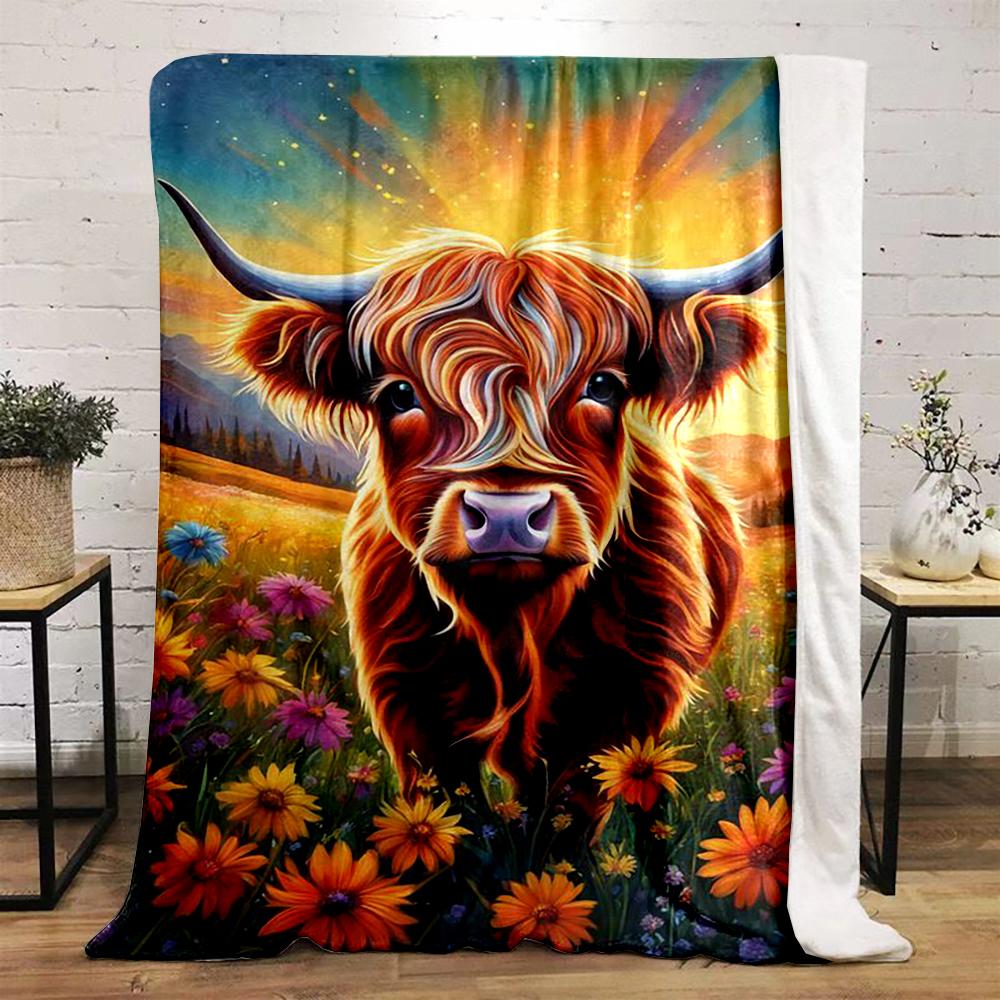 "Colorful Highland Cow In Floral Field Warm Quilt- Flannel Blanket for Bedroom, Living Room, Sofa, and Nap
