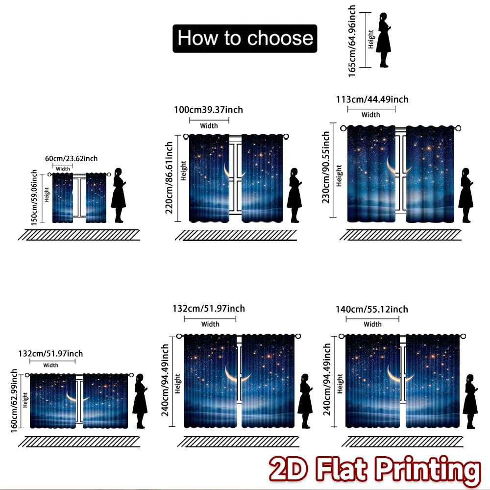 2D Flat Printing 2pcs Curtains Crescent Moon Night Stars Sky Digital Printed Polyester Drapes Festive Wall Decor Use for Booths