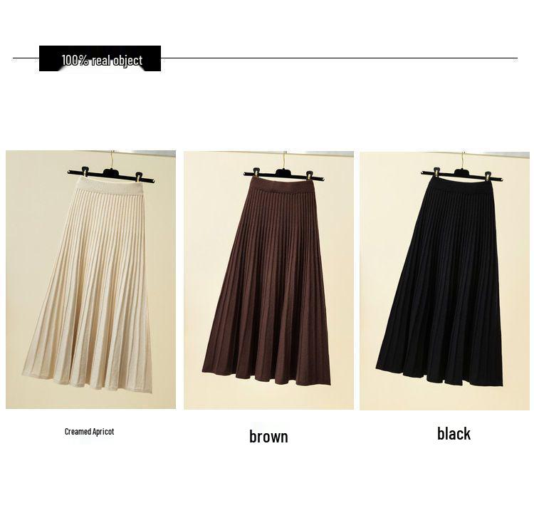 Women's High Waist Wool Knit A-Line Pleated Midi Skirt - Autumn/Winter Slimming Umbrella Hem