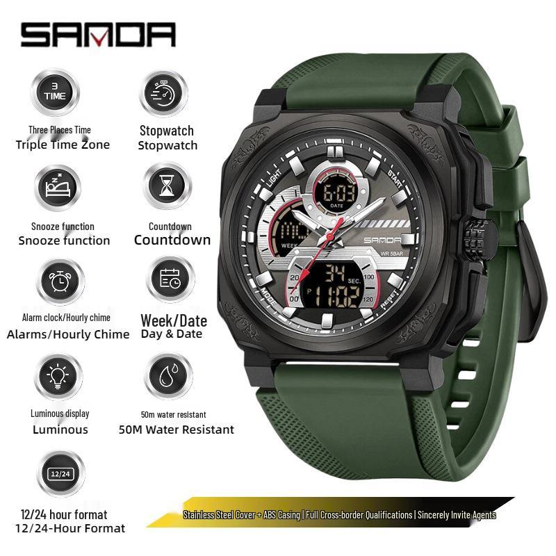 SANDA Men s Dual Display Youth Sports Watch - Large Dial, Outdoor, Waterproof, Multifunctional.