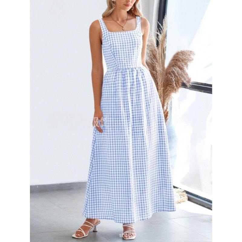 VEZFAA Abiti casual a vita alta con colletto quadrato senza maniche con stampa scozzese primaverile alla moda da donna