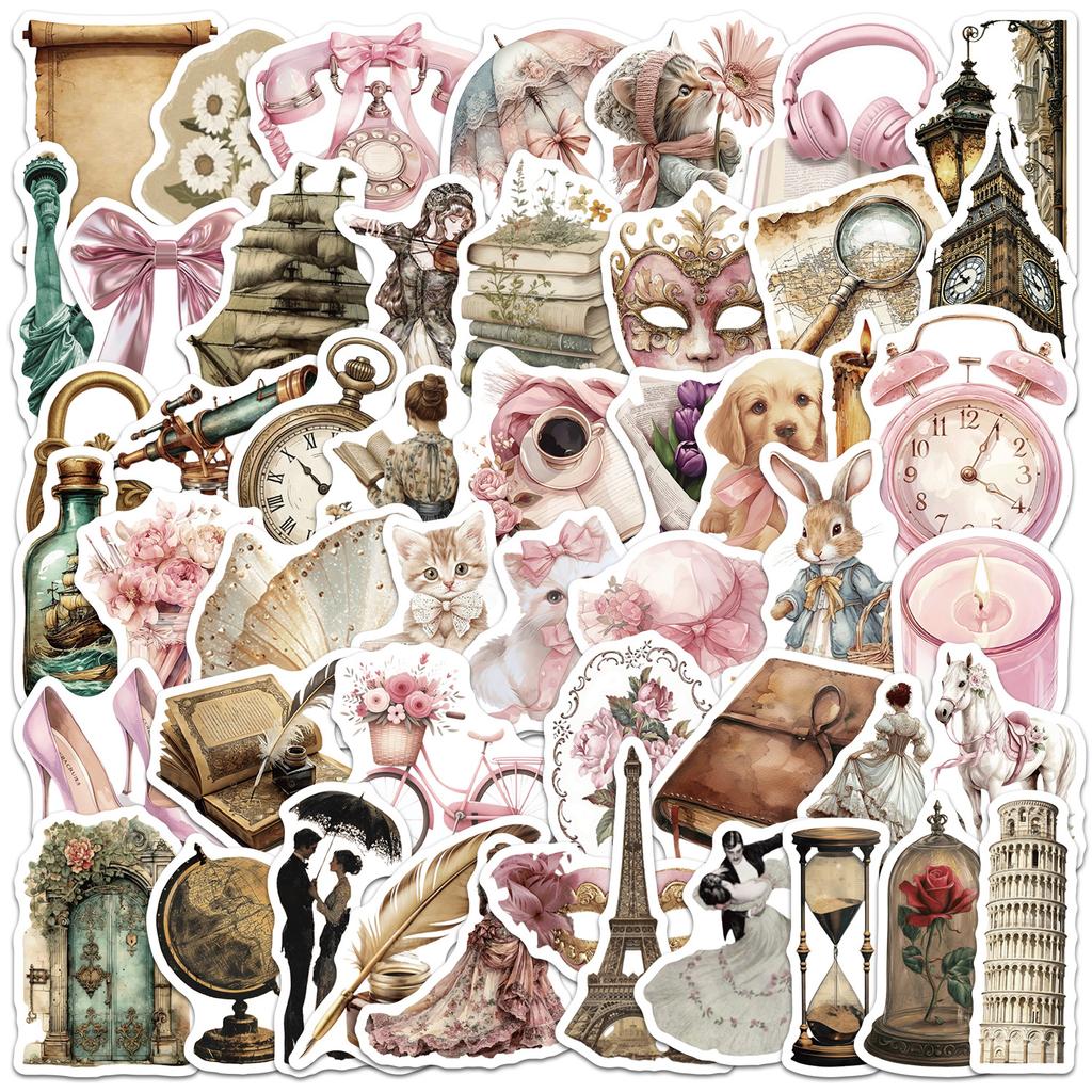 50Pcs Cartoon Retro Aesthetics Graffiti Stickers Decoration Luggage Phone Guitar Scraphbook Waterproof Sticker Classic Kid Toys