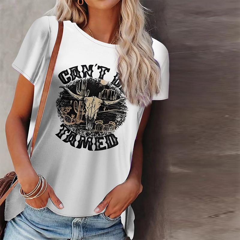 Women Summer T Shirt Old Cow Print Short Sleeve Tees Casual Printed Tops