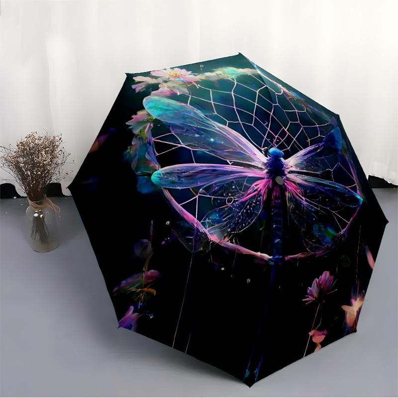 1pc Dragonfly Flowers Automatic Open/Close Umbrella with Folding feature Compact Travel Umbrella, Lightweight design, for Commuting, Business080