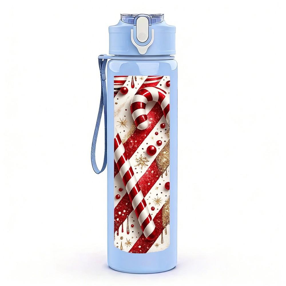 1PC Christmas Candy Cane Strip Print 750ml Color Plastic Sports Water Bottle Leakproof Flip Straw Lid Suitable for Sports Office Home Use