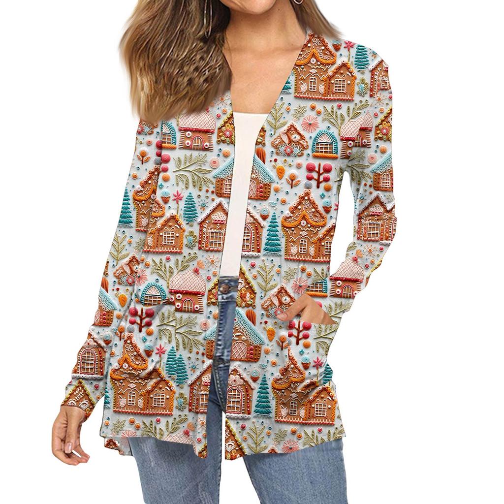 Dámský módní vánoční potisk dlouhý rukáv kapsy slim fit kardigan kabát