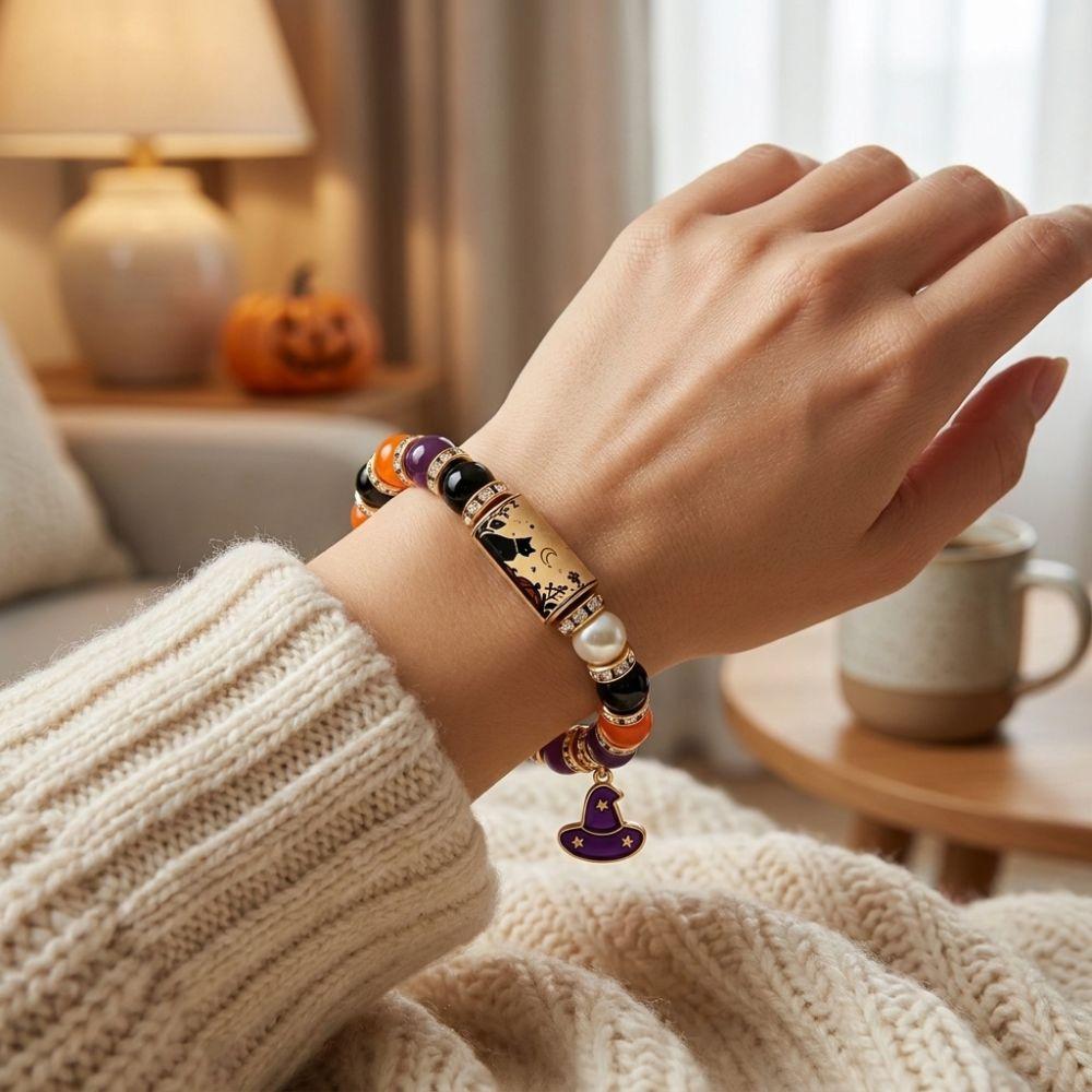 Vintage Witch Black Cat Charm Bracelet Beaded Pumpkin Ghost Bead Jewelry  For Women Men