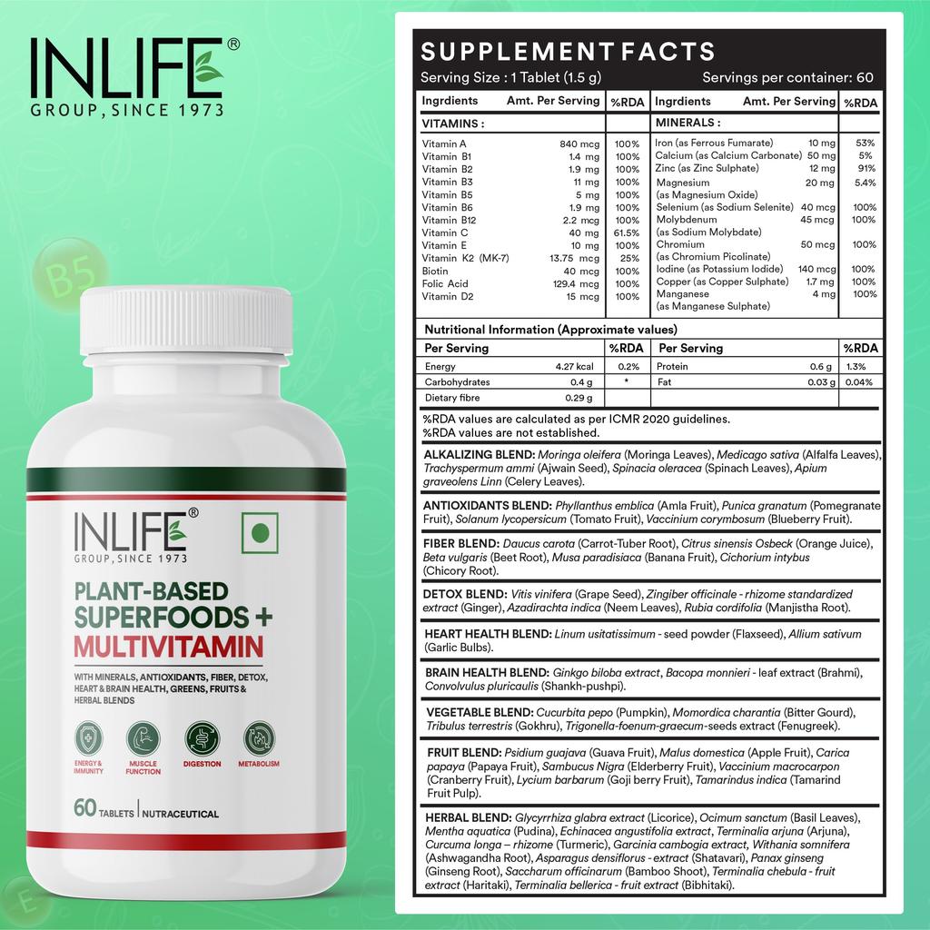 INLIFE Plant Based Multivitamin Supplement, B12 D3 Superfoods, 60 Tablets
