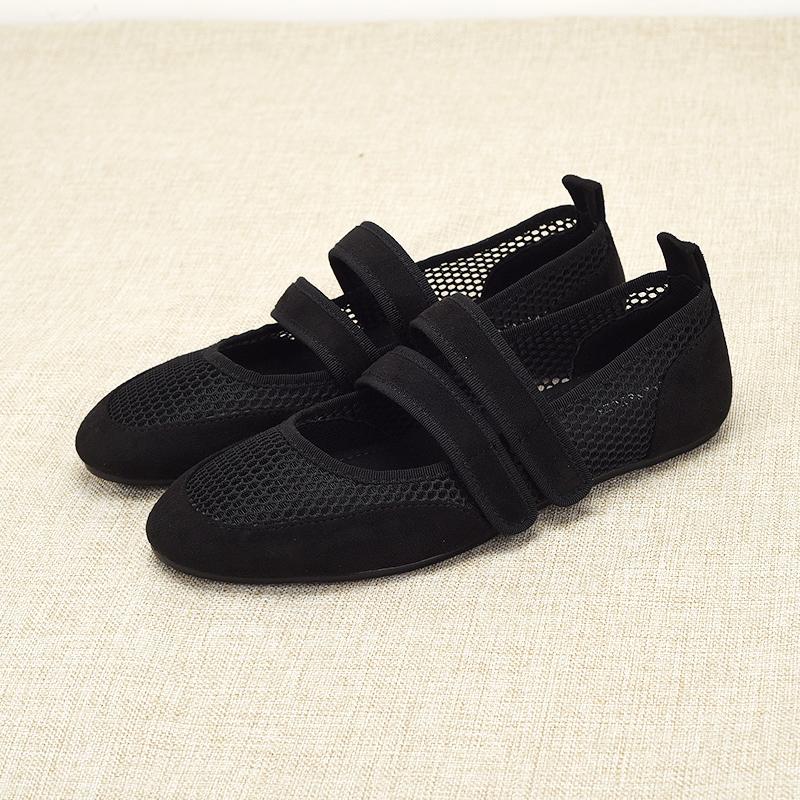 Fashion Bla Ballet Flat Oes Women's Soft Bot Me Round Toe Double Strap Mary Janes Hollow Out Faionable Summer Flats