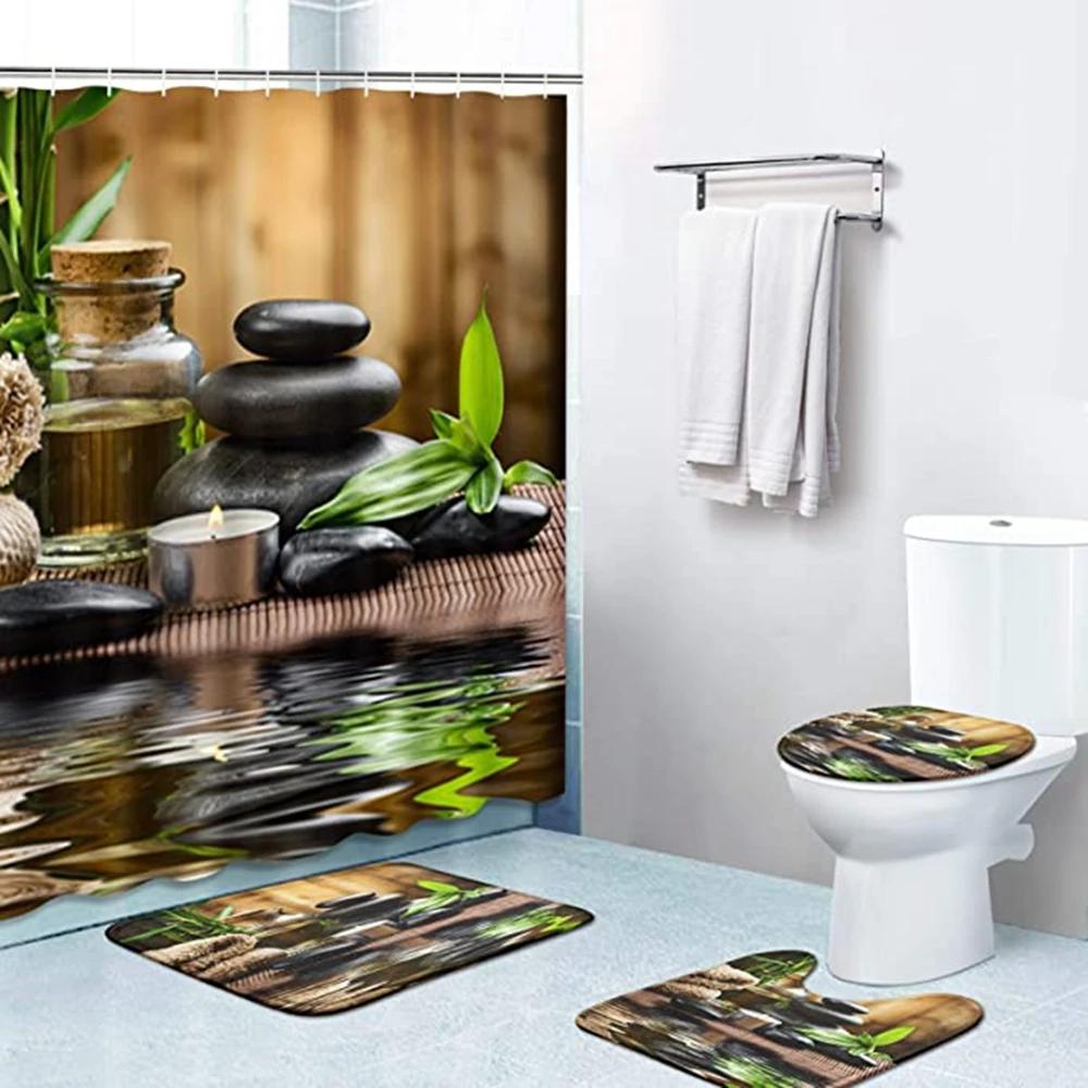 Full Set Bathroom Shower Curtain Set And Rugs Waterproof Fabric Furniture Accessory Zen Flow Water Bamboo For Bath Decoration