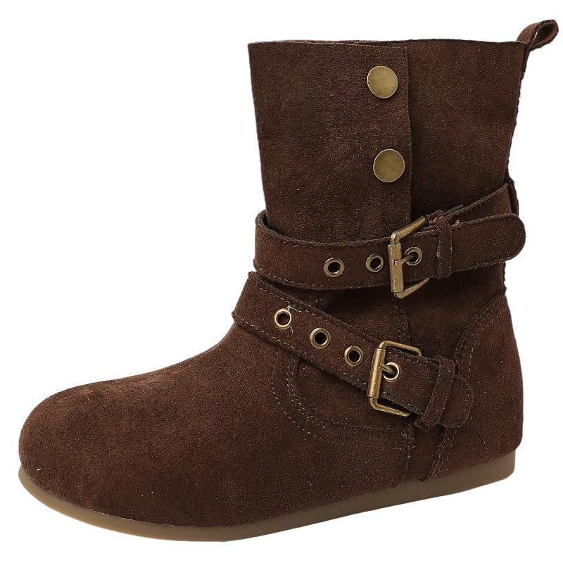 Retro style European and American belt buckle round head flat heel short boots women's 2025 autumn and winter new comfortable and versatile fashion M