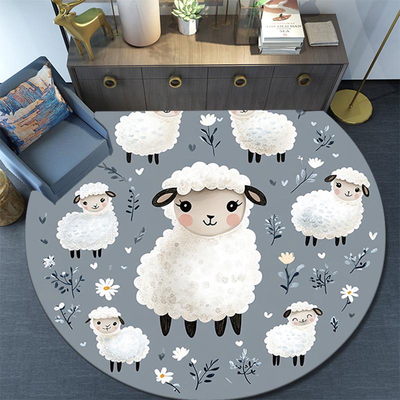 Cute Sheep Round Area Rug,Carpet Rug for Living Room Bedroom Sofa Playroom Decor,Non-slip Floor Mat