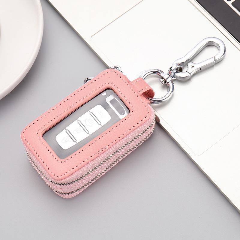 Echtes Leder Doppelschicht Schlüsseletui mit Litschi-Muster, Reißverschluss-Münzfach und Universal-Schlüsselring