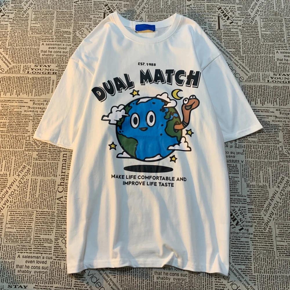 Turtle Planet American Retro Cartoon Printed Short Sleeved T-shirt Men Women Trendy Loose Versatile Couple Half Sleeved T-shirt