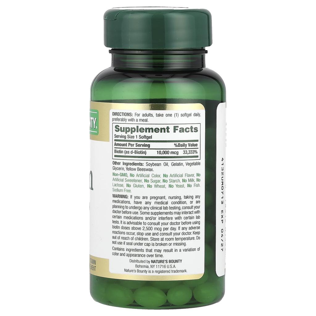 Nature's Bounty, Biotin, 10,000 mcg, 180 immediate-release softgels