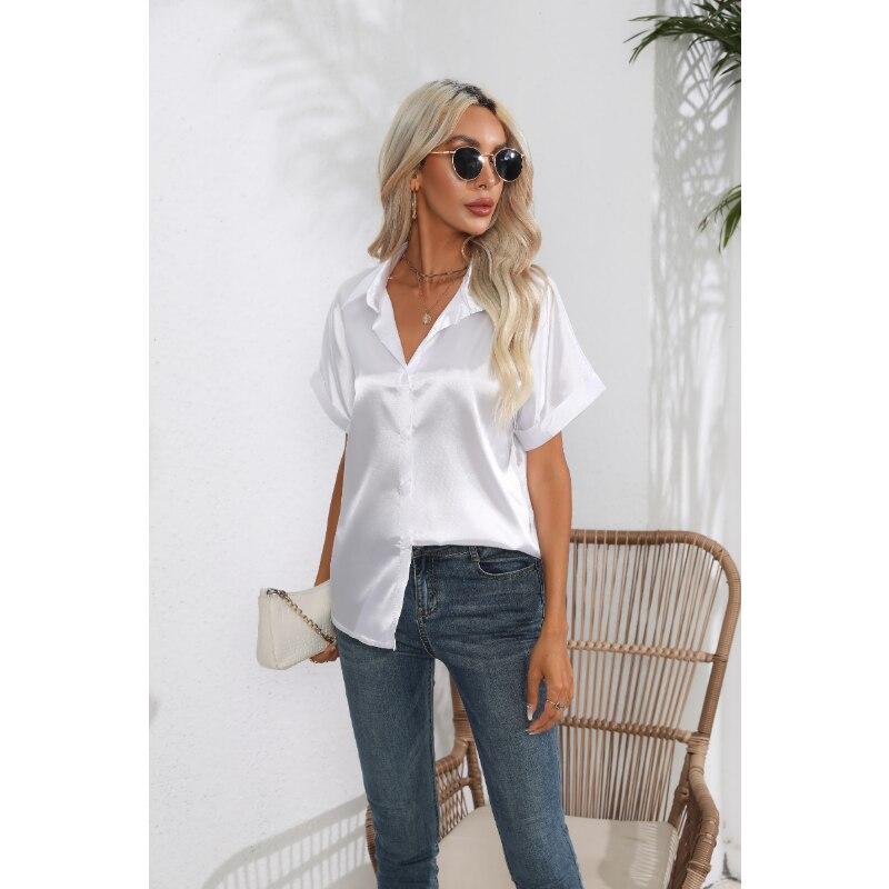 Summer Silk Shirts Women Button Up Satin Blouse Loose Office Short Sleeve Ladies Tops Casual Shirt Elegant