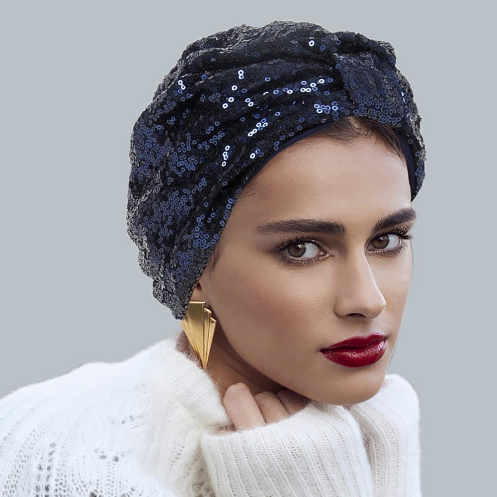 

Headwear Hijab Hat Solid Color Ladies Head Wrap Elegant Sequin Turban Cap Women темно-синього кольору
