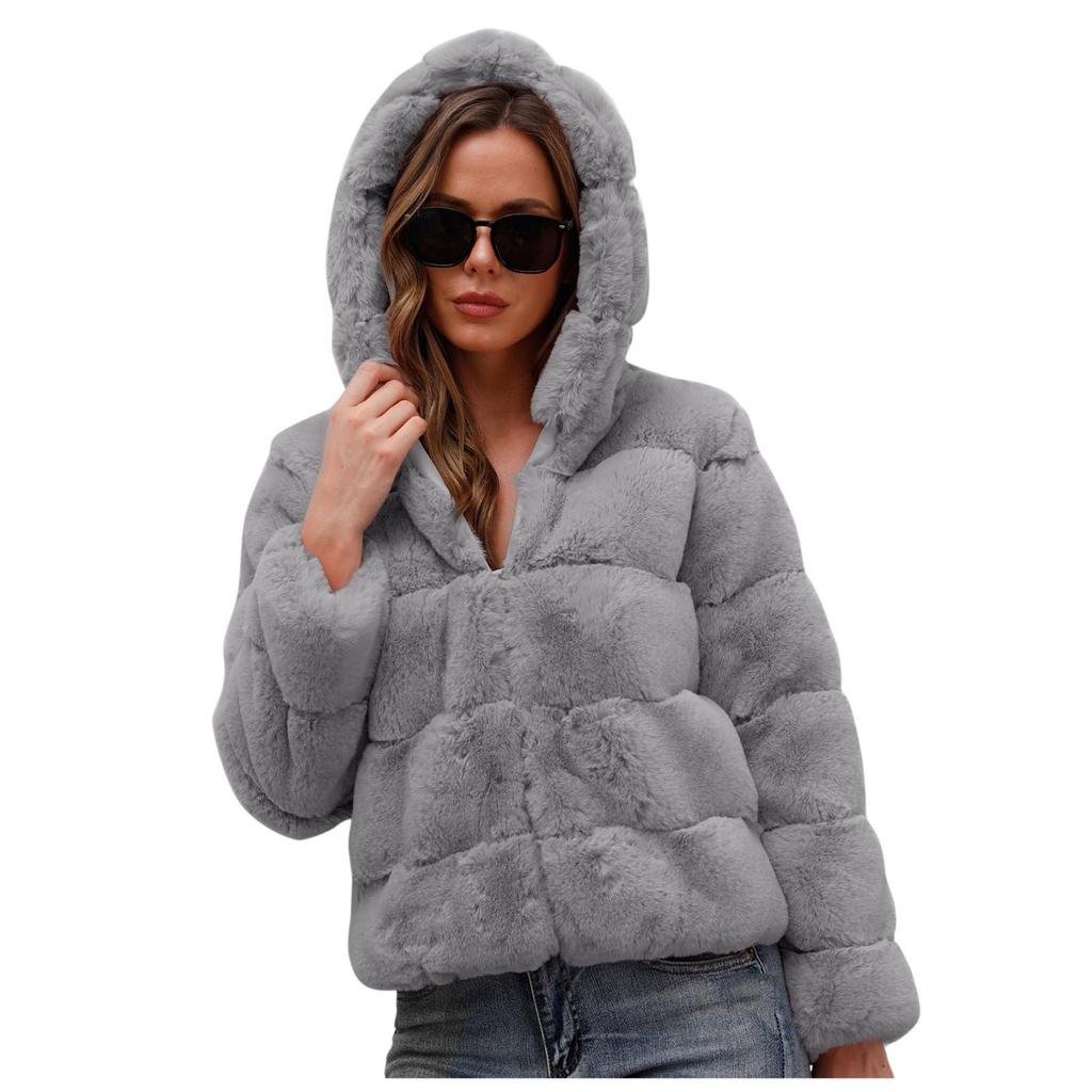(SU)Women's Autumn/Winter Fashion Solid Colour Loose Hooded Warm Coat Jacket