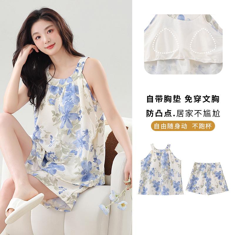 With chest pad vest shorts pajamas women's summer cloud cotton sweet and cute girl style sleeveless loungewear set