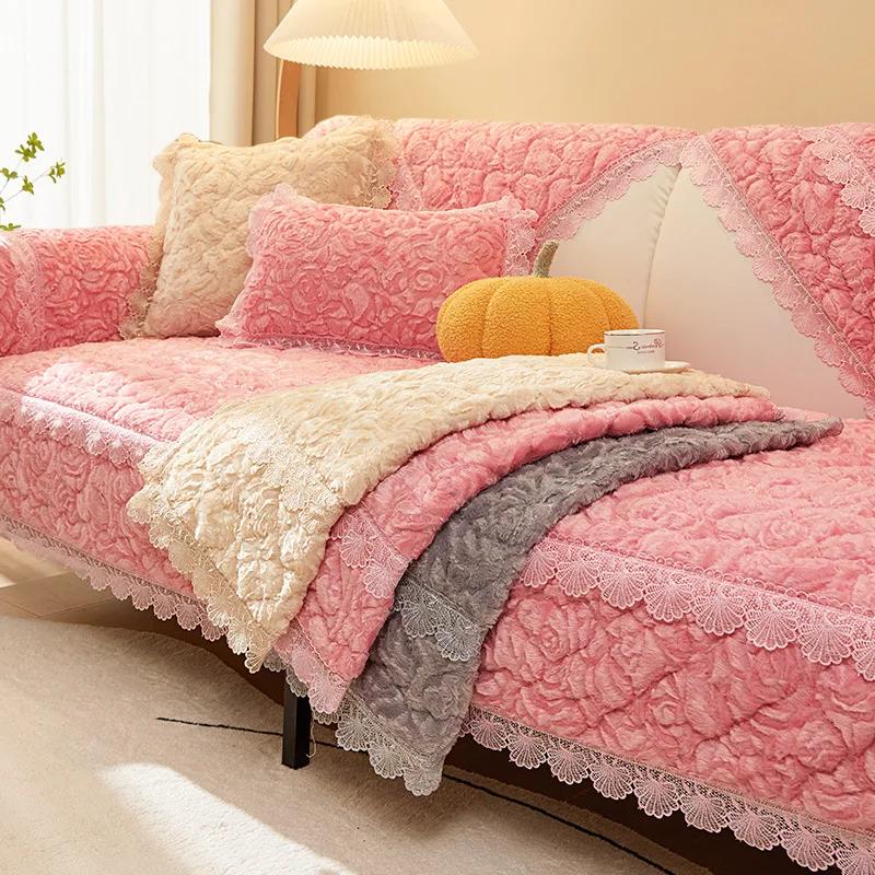 Soft Rose Plush Sofa Cover With Lace Winter Thickening Warm Plush Cushions Non-Slip Living Room Leather Sofa Backrest Armrests