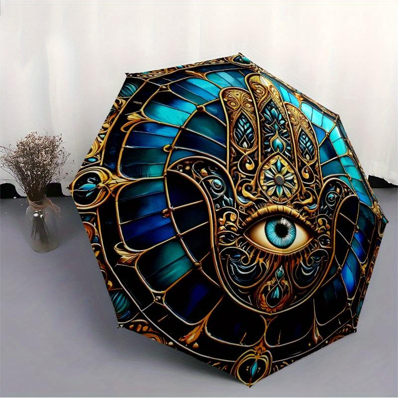 1pc StainedGlass Mandala Automatic Open/close Folding Compact Umbrella, 8-Rib Sturdy Canopy, Lightweight Portable, Everyday Use, Gift,124