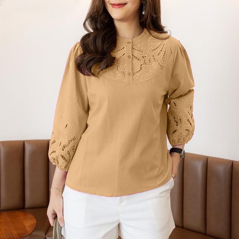 ZANZEA Women Lace Patchwork Round Neck Loose Casual 3/4 Sleeve Blouse