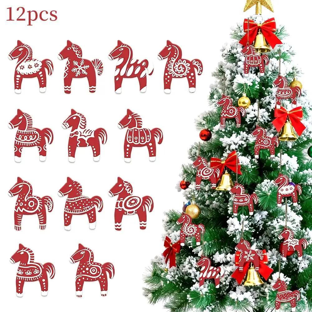 

12/24Pcs Swedish Dala Horse Christmas Ornaments Xmas Horse New Year Decorations Christmas Tree Party Home Pendant DIY Ornam X4U6
