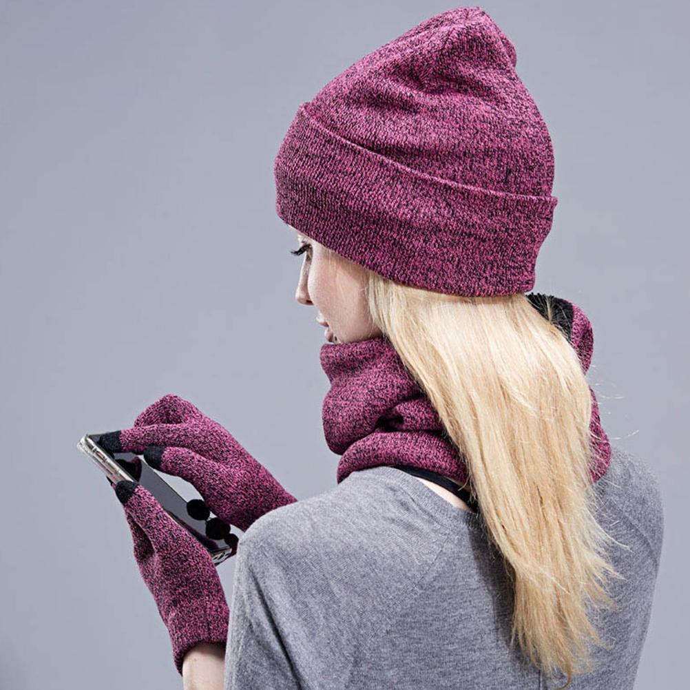 3Pcs Winter Knitted Hat Scarf Gloves Set Fleece Lined Warm Beanie Touch Screen Gloves for Women Men Outdoor Cycling