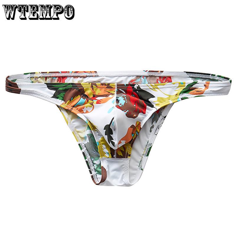 Men's Printed Ice Silk Triangle Underwear Slim Fit Breathable Elastic Low Waist Sexy One-piece Underwear