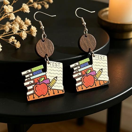 Colorful Rainbow Book Pendant Earrings - Double-sided Wooden Teacher Gift