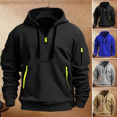 Autumn Men Hoodie Hooded Drawstring Half Zipper Pockets Elastic Cuffs And Hem Pullover Sport Fitness Travel School Top