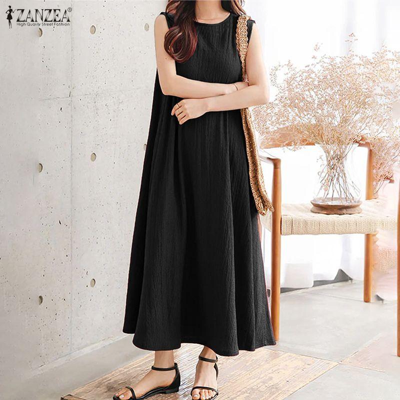 ZANZEA Rochie Casual de Vară Femei cu Gât Rotund, Largă, Fără Mâneci