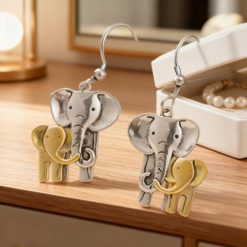 Stylish And Versatile Elephant Mother And Baby Elephant Alloy Earrings Are Suitable For Daily Simplicity
