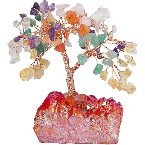 mookaitedecor Amethyst Crystal Tree, Quartz Cluster Rainbow Titanium Crystals Base Bonsai Money Tree for Wealth and Luck