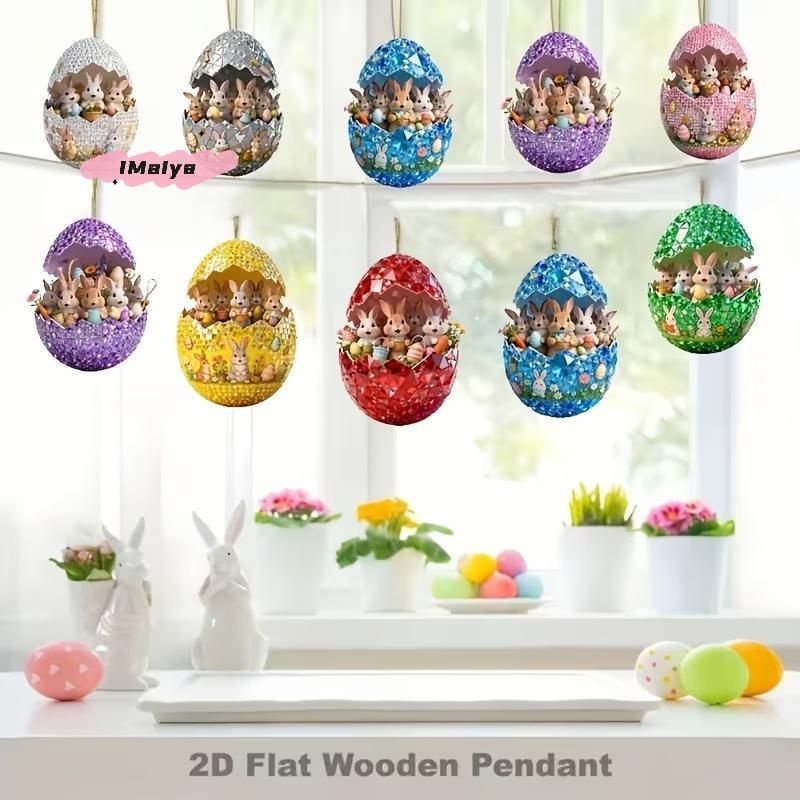 M-8Pcs Wooden Easter Egg Decorative Hanging Set 2D DIY Craft Easter Simulation Egg Decorative Artificial Egg Hanging Ornament