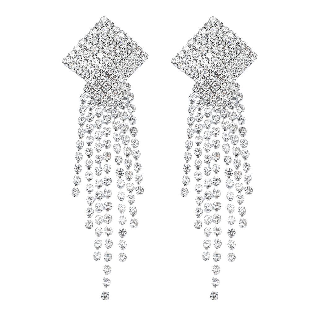 Geometric Square Shiny Rhinestone Long Fringed Earrings