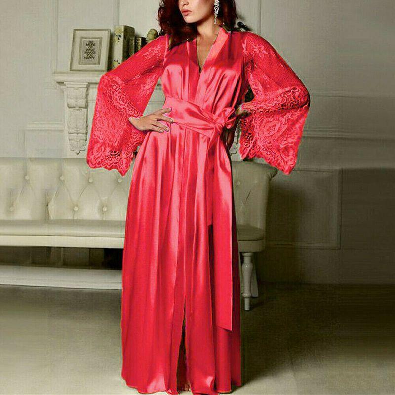 Elegante Camicia da Notte da Donna in Raso di Seta con Pizzo Lingerie Kimono Abbigliamento da Notte Lunga Vestaglia