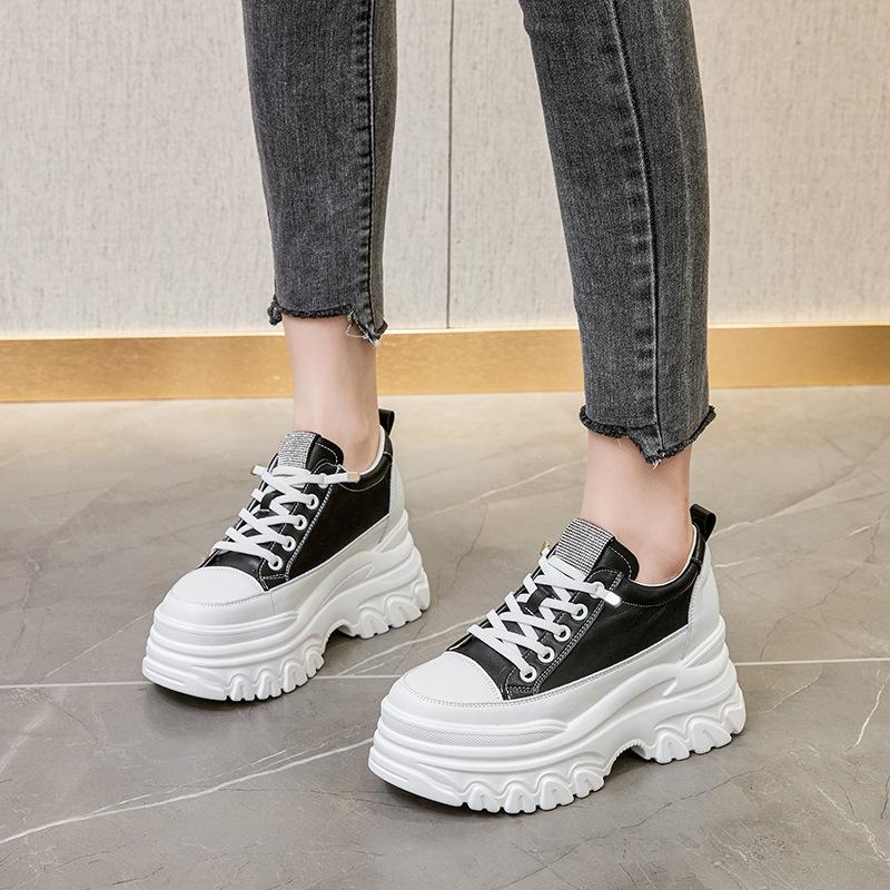 Fashion 9CM High Heel Genuine Leather Women Shoes Chunky Sneakers Wedge Platform Shoes Spring Summer Women Breathable Comfy Footwear