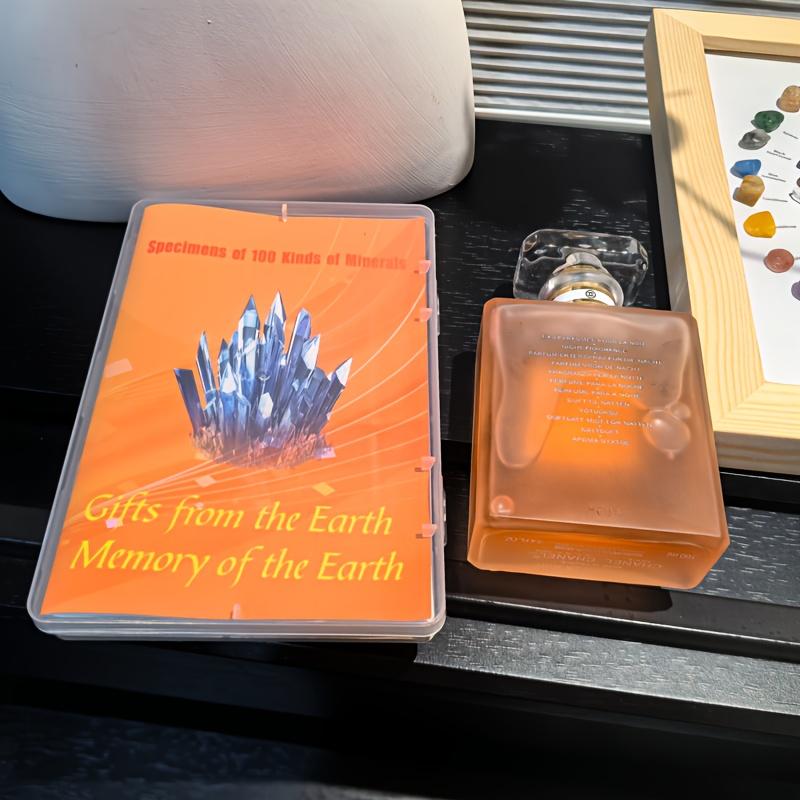 Mineral specimens and a 100-page rock atlas, including crystal, agate, fluorite, tiger's eye, and more.