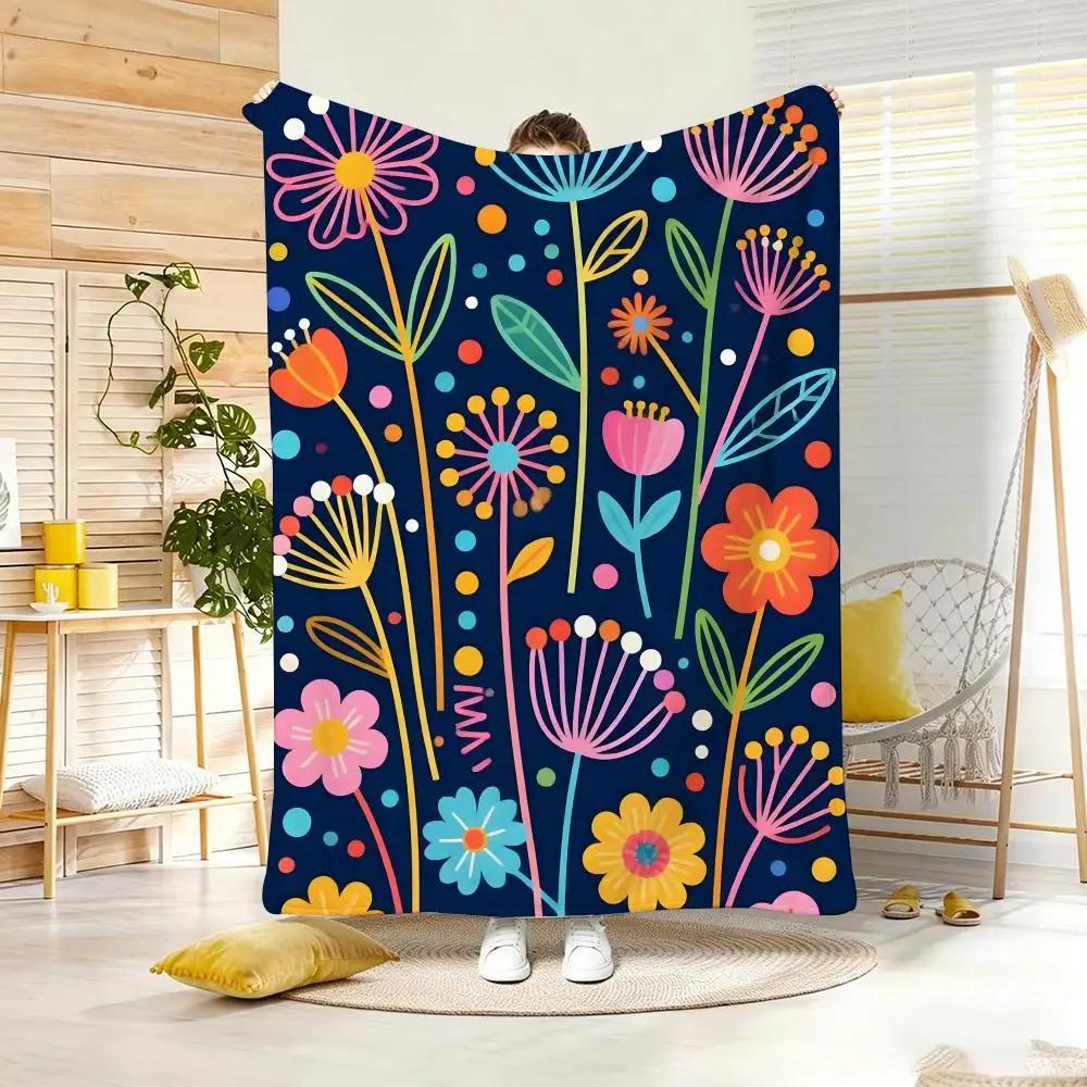 Vintage Boho flowers art Throw Lightweight Flannel Blanket Soft Skin-friendly for Summer Cooling
