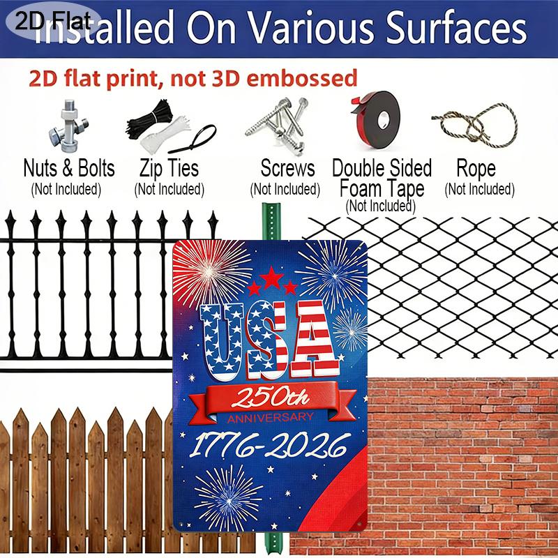 2D Flat 1pc Decorative 8*12 Inch Plaque Aluminium Metal Sign: USA 250th Anniversary Firework Art with Stars & Stripes, 1776-2026 Patriotic Design