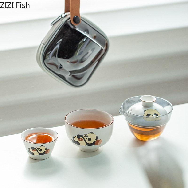 Panda Glass Kung Fu Tea Set Travel Tea Set Chinese Creative Ceramic Quick Cup Portable One Pot Two Cup Tea Ceremony Tea Set