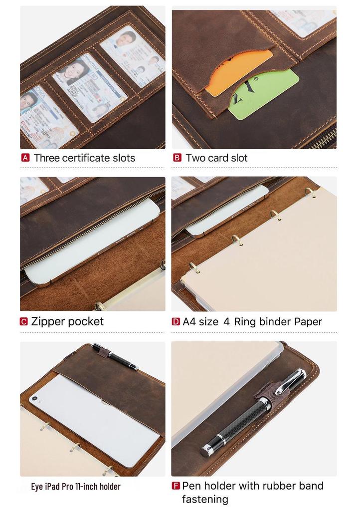 Retro Crazy Horse Echtes Leder A4 Ringordner mit Wechselbaren Seiten - Multifunktionales Business Büro Notizbuch